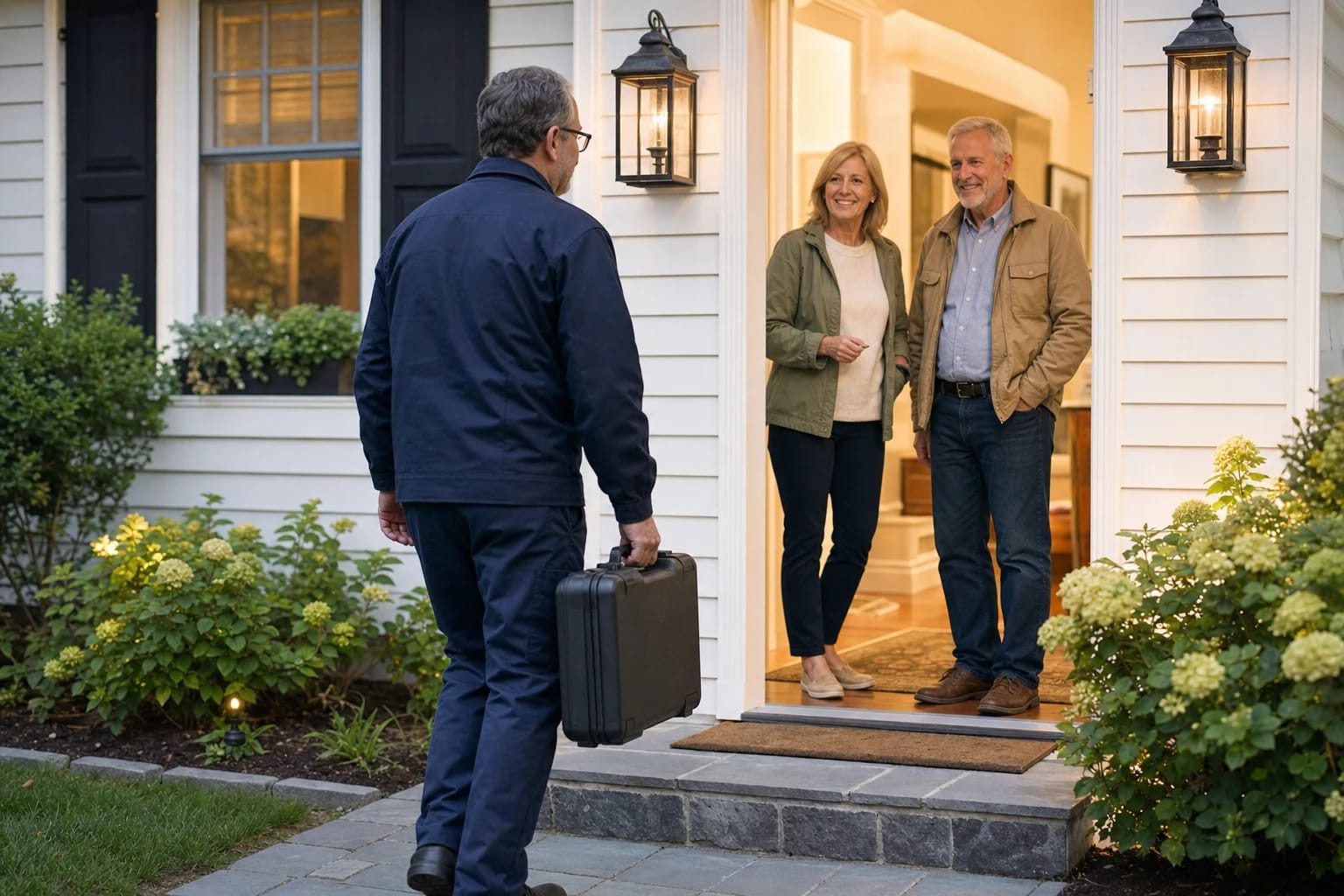 Technician carrying a black tool case walks toward a smiling couple at a lit front doorway at dusk