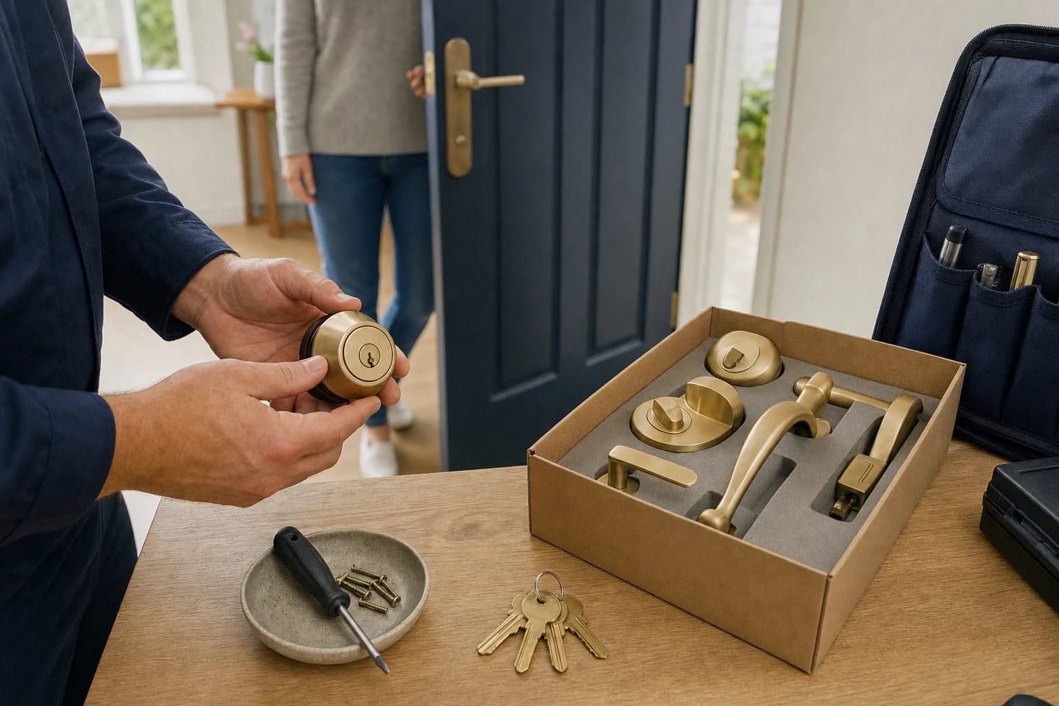 Hands holding a brass deadbolt beside a boxed set of brass door hardware, keys and screws on a wooden table